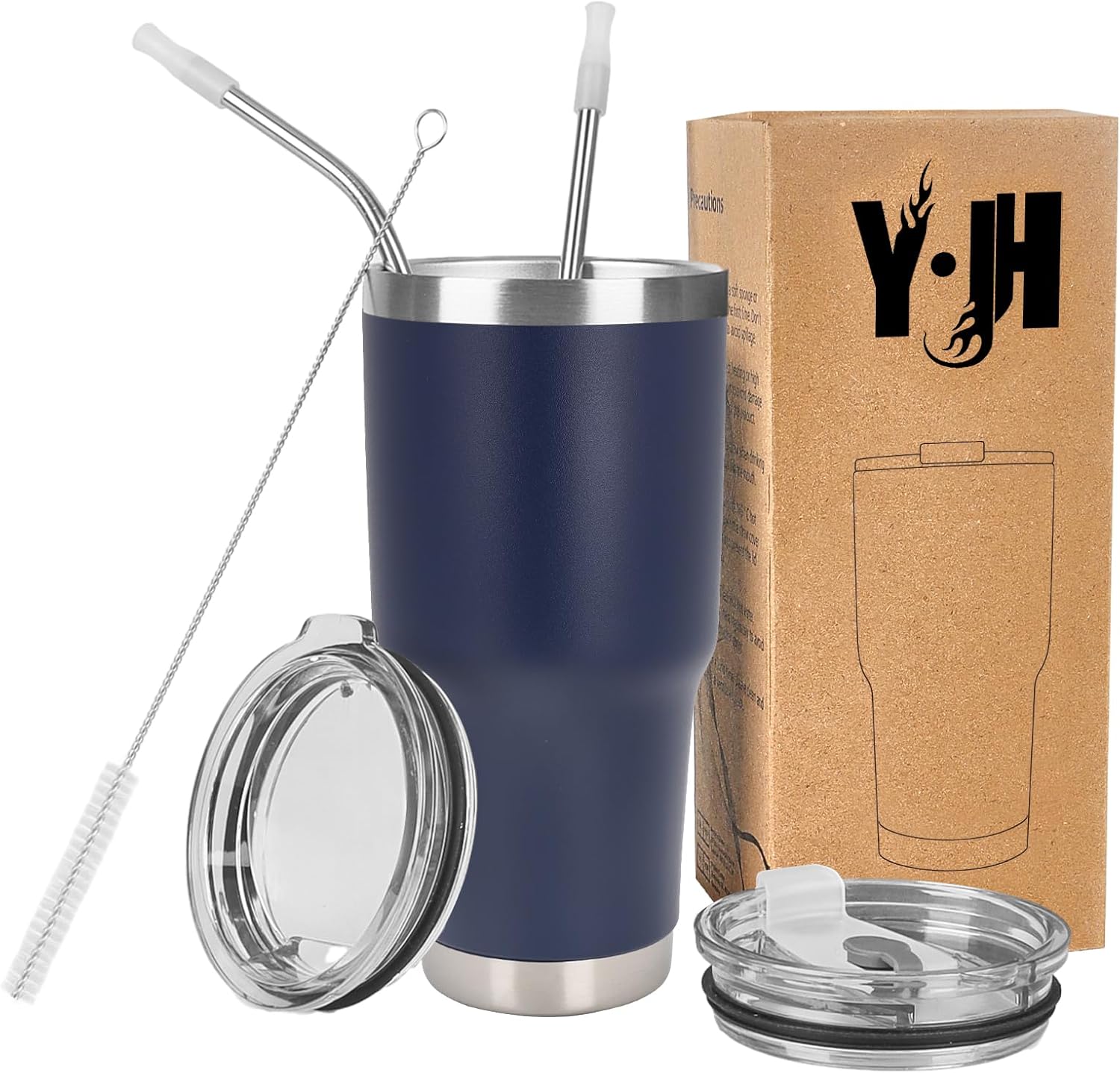 Thumbnail 6 de Y·J&H 20oz (550 ml) doppelwandiger Vakuum-Isolier-Autobecher in Navy – Edelstahl, 2 spritzfeste Deckel & Strohhalme