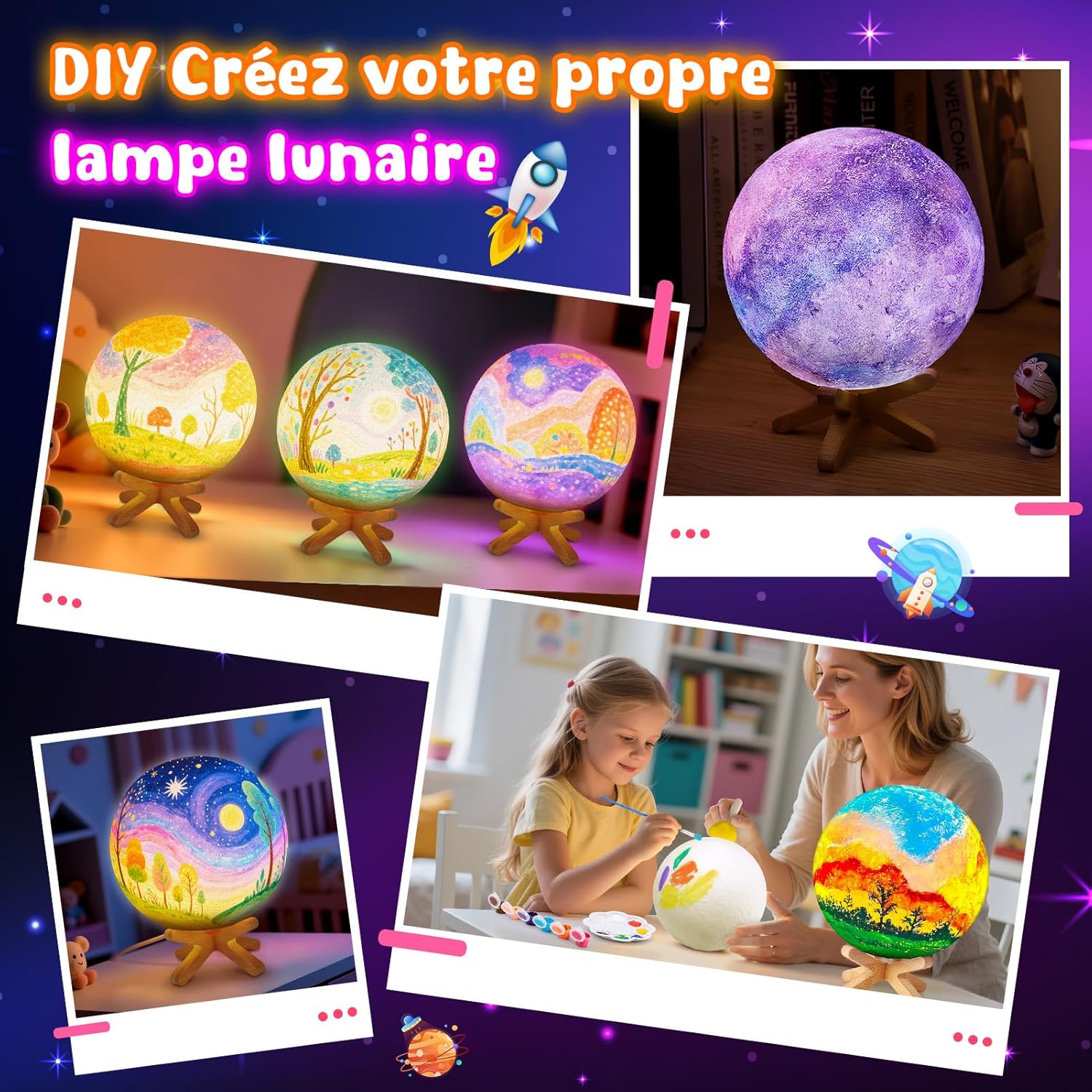 Detalle 2 de Toyzey Cadeau Fille 6–12 Ans: Kit lampe lune à peindre, activité créative rechargeable pour enfants