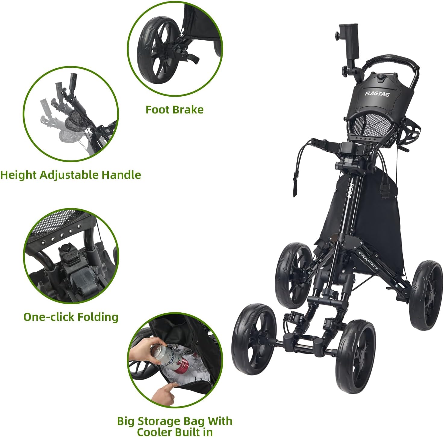 Thumbnail 2 de FLAGTAG Golf Push Cart 4-Wheels: Foldable 1-Click Aluminum Cart with Cup/ Umbrella Holders and Cooler
