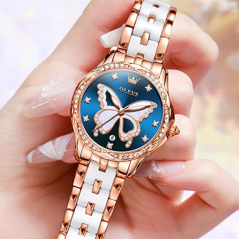 Thumbnail 2 de OLEVS Damen-Diamantuhr: Elegante Luxus-Armbanduhr aus Roségold mit Keramikglas