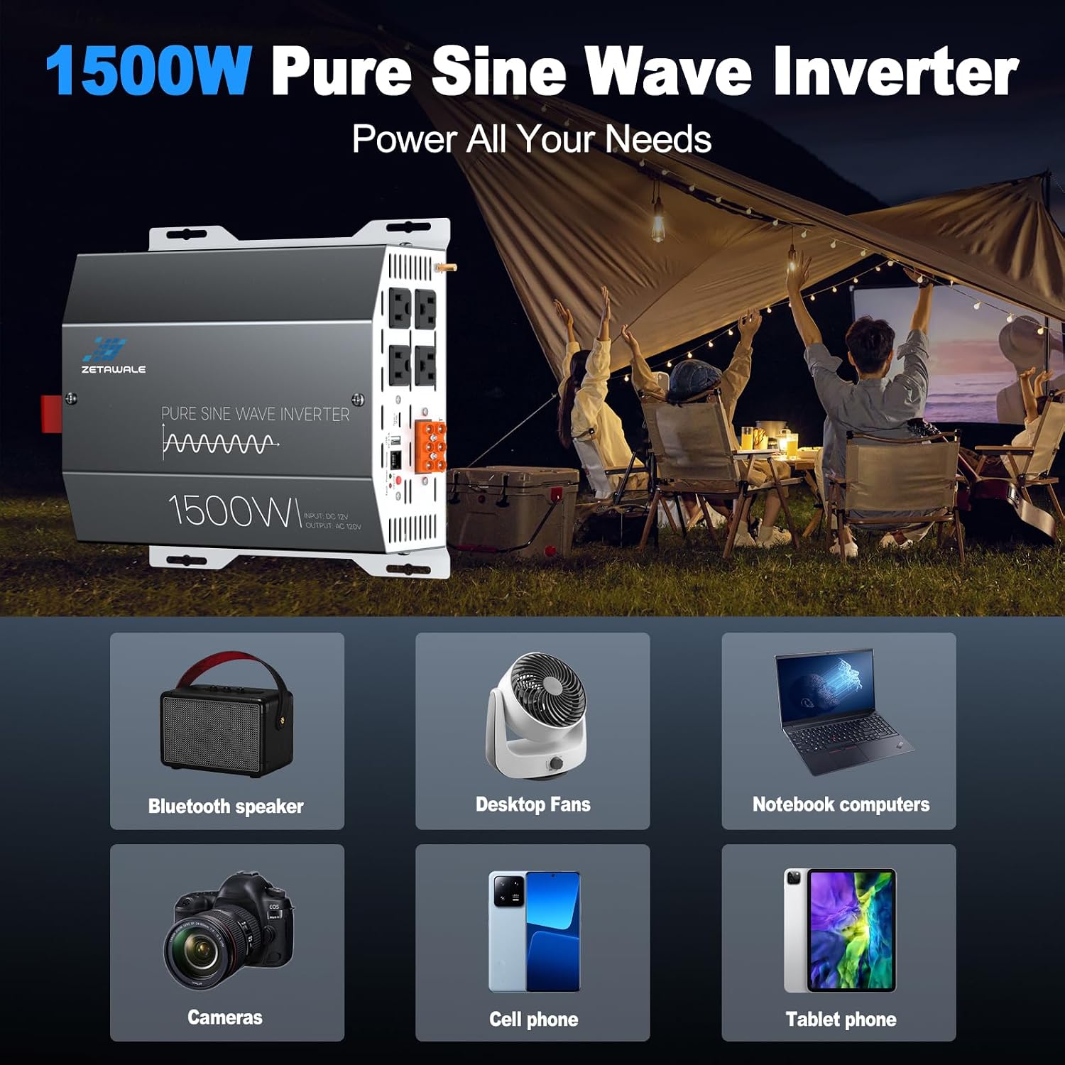 Thumbnail 3 de 1500W Pure Sine Wave Inverter 12V DC to 110V/120V AC with LCD Remote and 4 Outlets