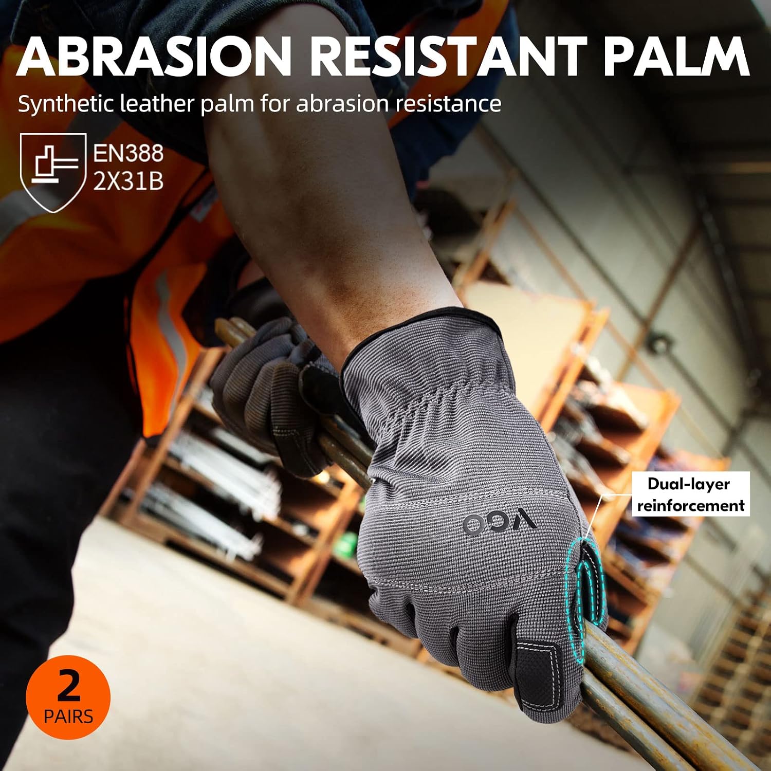 Detalle de Vgo… 2 Pairs Safety Work Gloves (NB7581) – Faux leather palm, touchscreen fingertips, EN388 work gloves in grey, size M