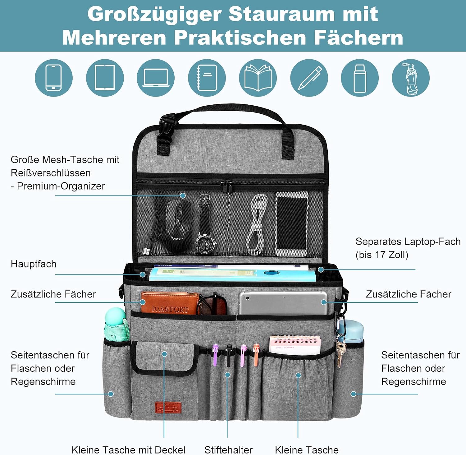 Thumbnail 2 de Eurhomewit Autositz Organizer Vordersitz 2-in-1 mit Laptopfach (15–17") & Rücksitz-Organizer, Grau