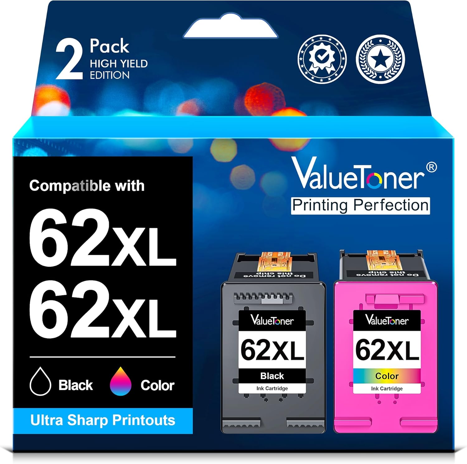 Detalle de Valuetoner 62XL Schwarz & Farbpatronen – kompatibel HP 62/62XL für OfficeJet 5740/5742/5744, Envy 5540–7640 (2er-Set)