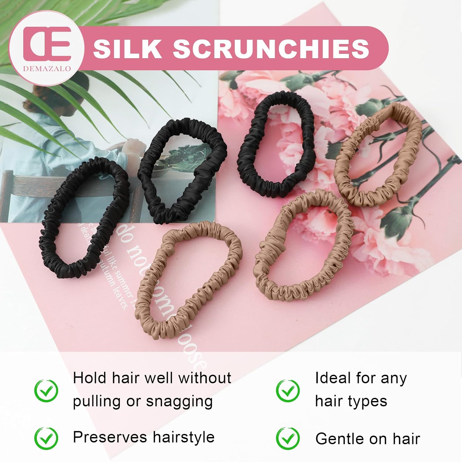 Detalle de 6Pcs Mulberry Silk Slip Skinny Hair Scrunchies (22 Momme) — 2-Color Ponytail Holders for Women & Girls, Color 02