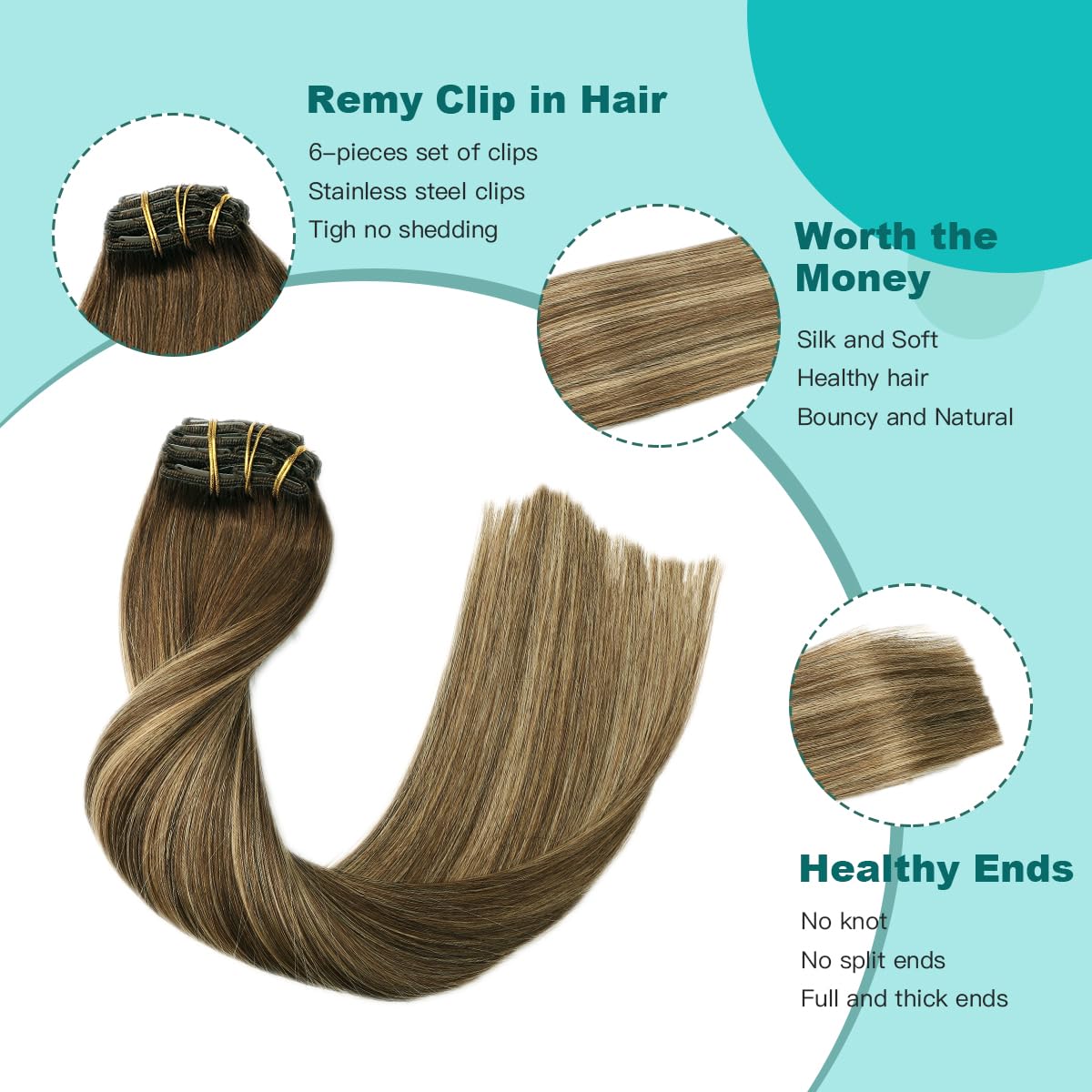 Detalle de SURNEL Clip-in Extensions Echthaar Balayage Schokoladenbraun & Karamellbraun – 6er Set, 100 g, 40 cm