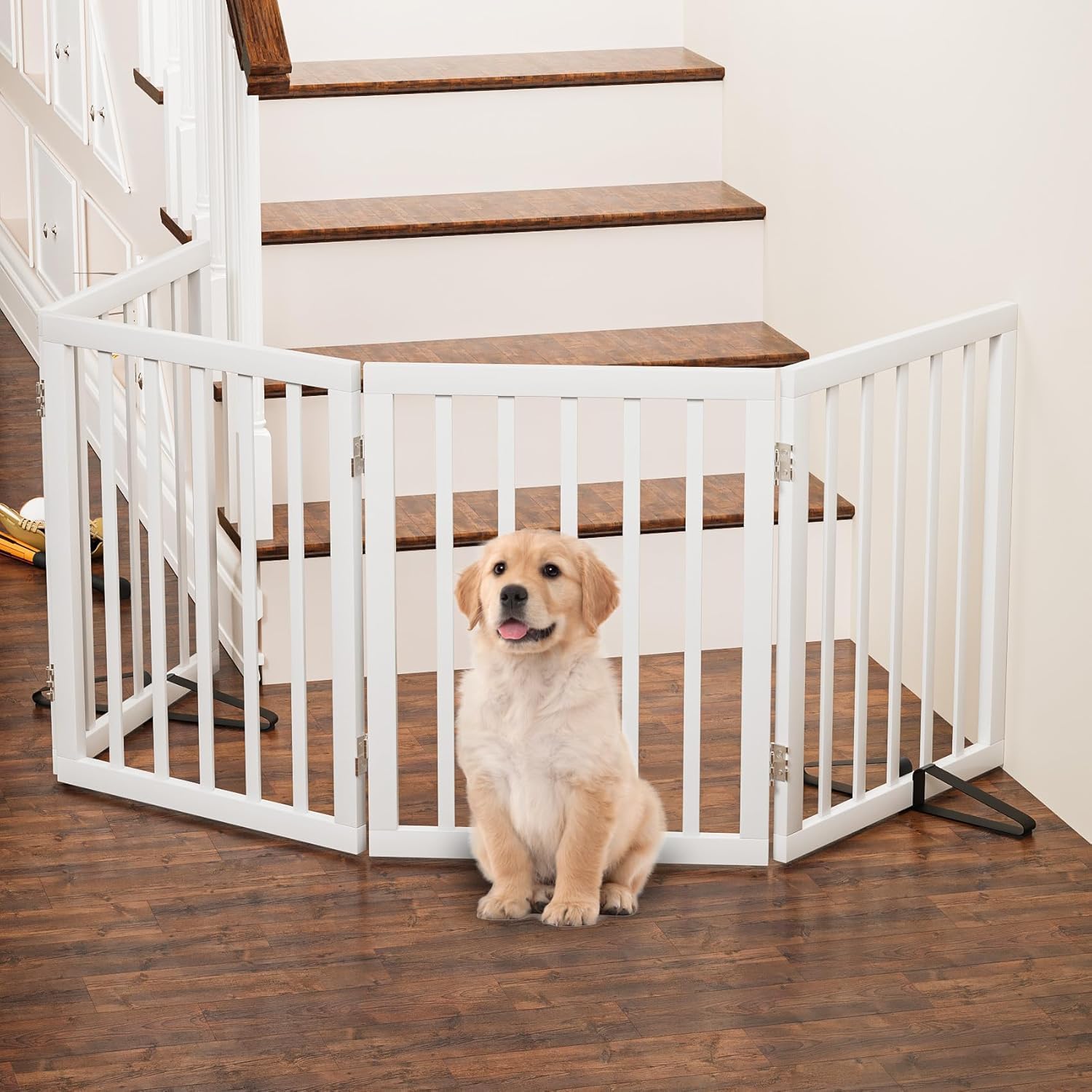 Thumbnail 5 de Freistehende Hundegitter für Türen (4 Paneele, Weiß) – faltbar mit Metallstützfüßen