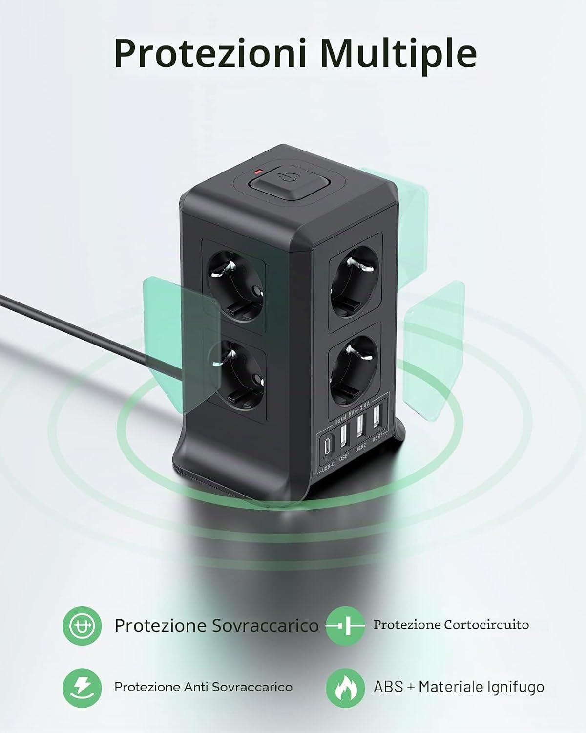 Detalle de Ciabatta multipresa Sameriver con interruttore e 4 USB (3 USB-A + USB-C) a torre, cavo 2 m