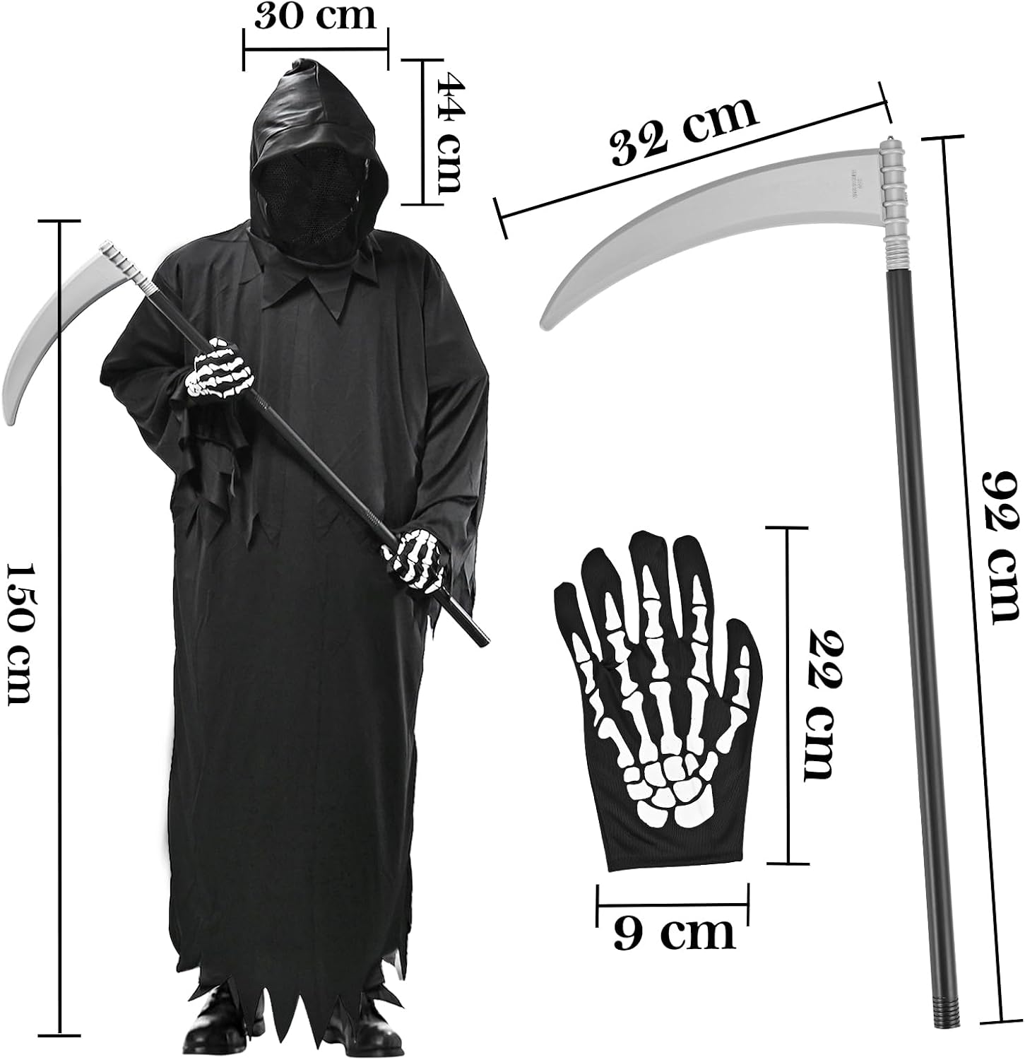 Detalle 2 de Faburo Halloween Kostüm Herren Sensenmann 150 cm