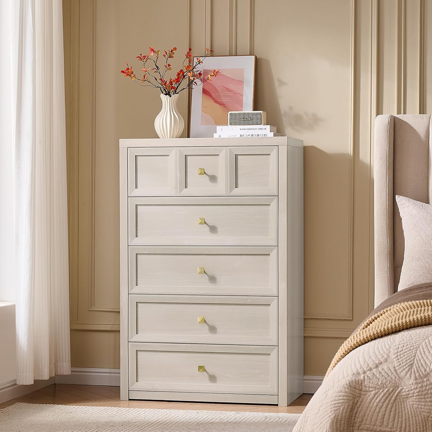 Detalle de Yikingbay YBKDG002 5-Drawer Dresser, Gray-White Textured Finish