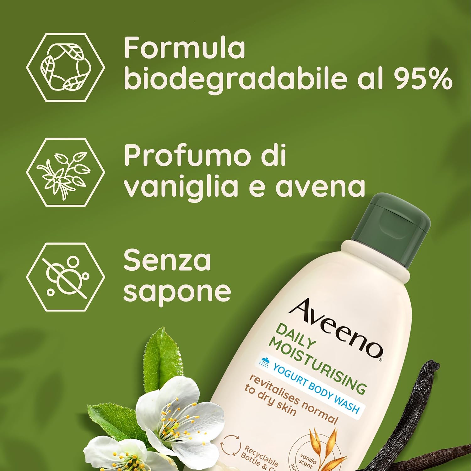 Detalle de Aveeno Daily Moisturising Bagnoschiuma Allo Yogurt: detersione delicata per pelli sensibili con Avena e Yogurt Greco