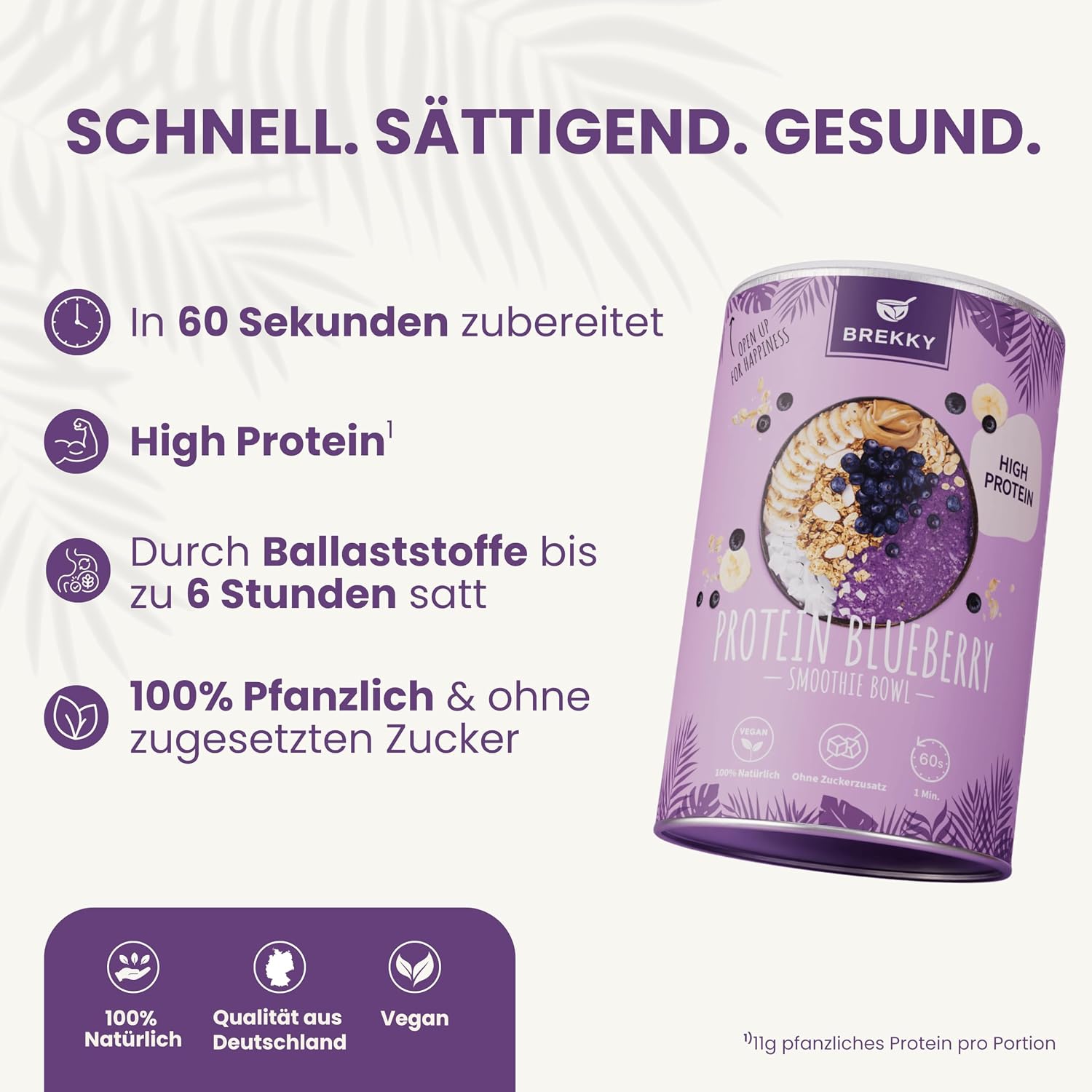 Detalle de BREKKY Protein Blueberry Smoothie Bowl – vegan, ohne Zuckerzusatz, 100% natürliche Zutaten