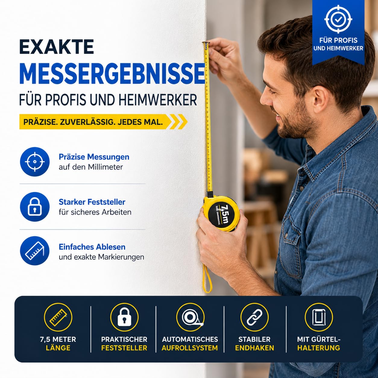 Thumbnail 3 de Bandmaß 7,5 Meter mit Halterung – robustes Rollmaßband für präzises Messen