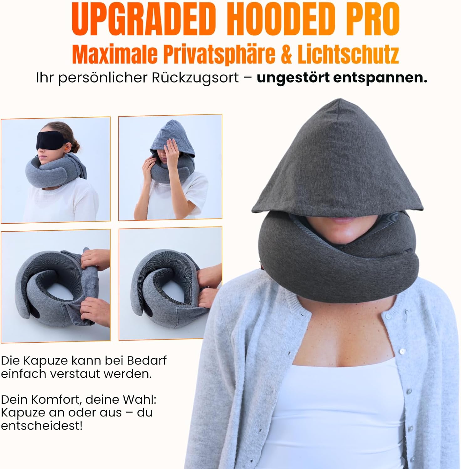 Detalle 2 de LOEXAIR Hooded Pro Nackenkissen – Memory-Schaum mit Kapuze, 100% Baumwolle, Privatsphäre und Lichtschutz für Flugzeug, Reise & Auto
