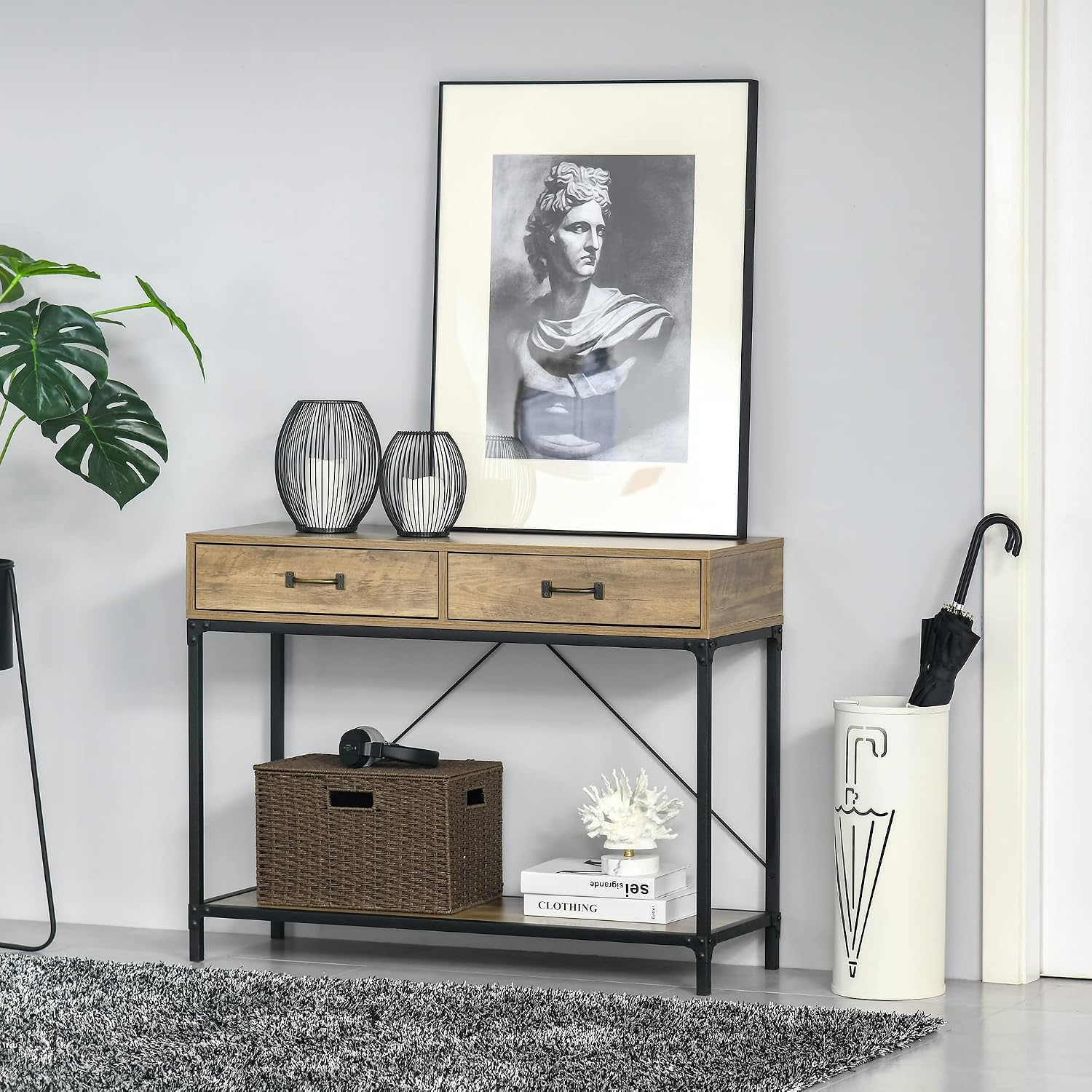 Thumbnail 1 de HOMCOM Table Console d’entrée industrielle avec 2 tiroirs et plateau aspect bois (100 x 35 x 76 cm)