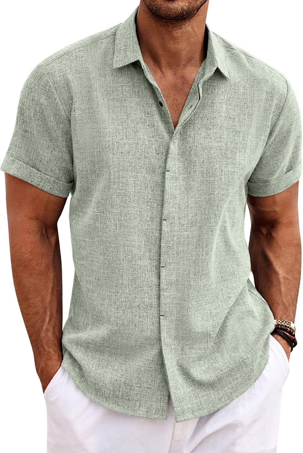 Detalle de COOFANDY Men's Linen Shirt Short Sleeve – Light Green, XL