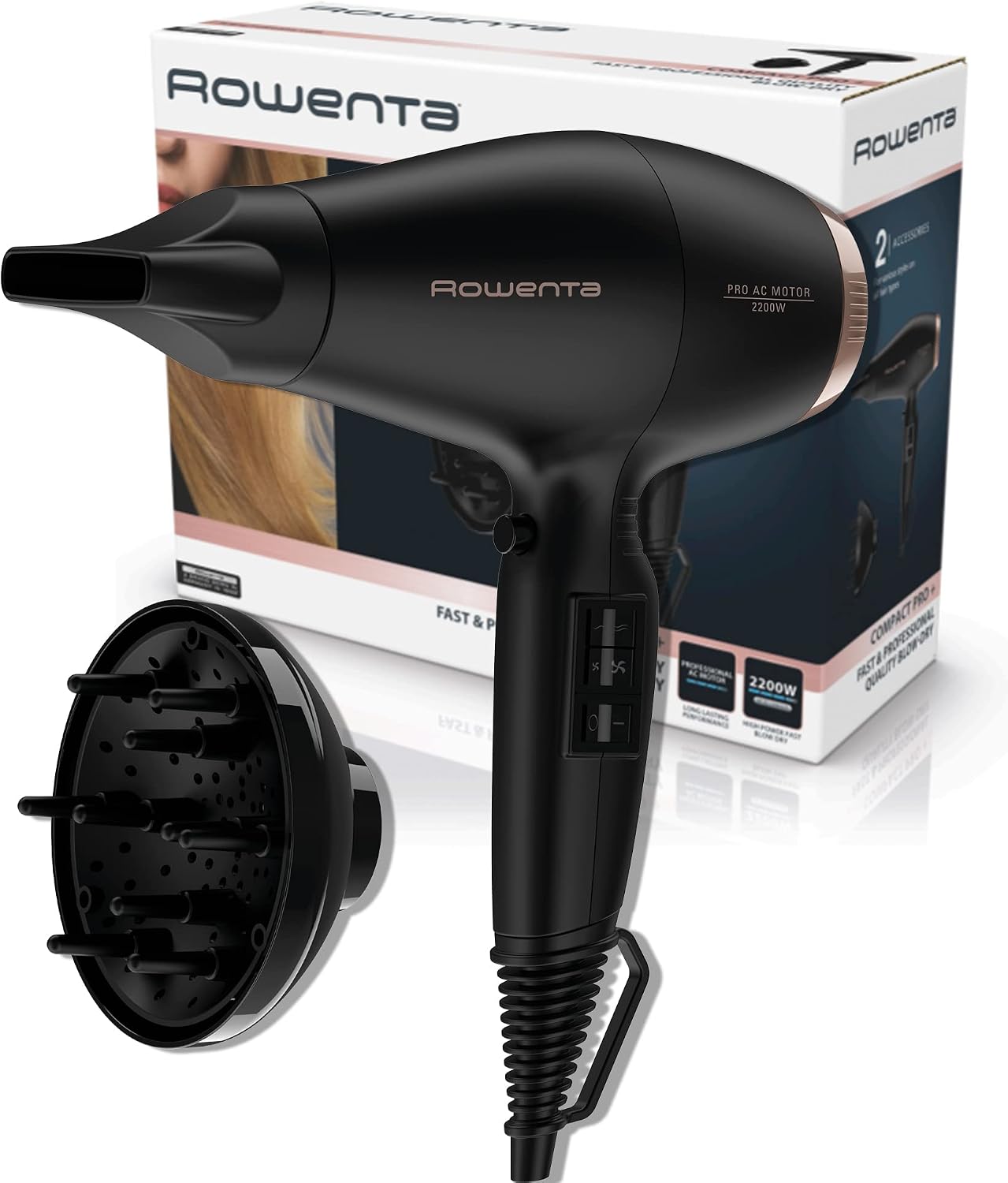 Detalle de Rowenta Compact Pro+ CV6930 hårtork, 2 200 W, växelströmsmotor och 9 mm munstycke