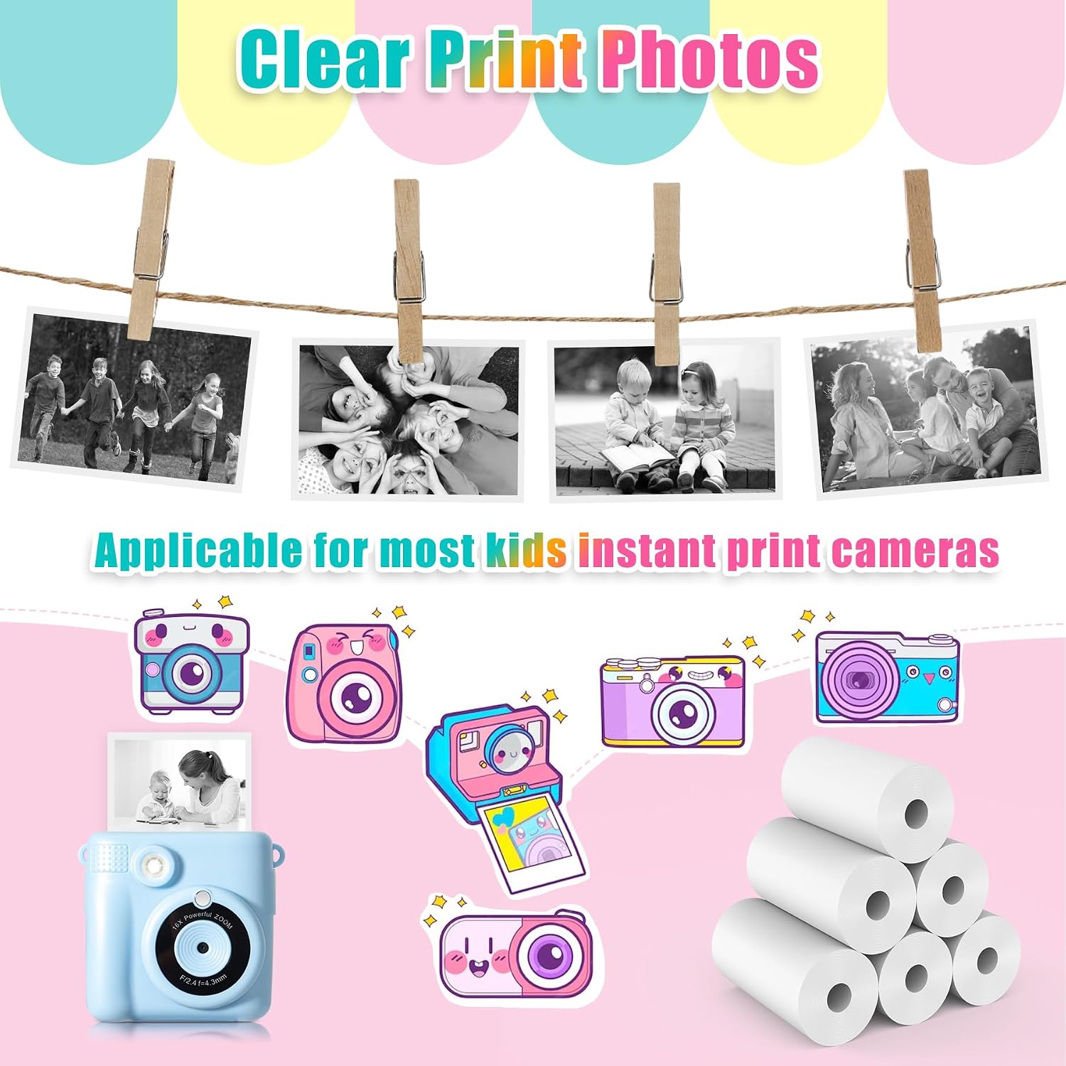 Detalle de Hikkon 6 Rolls Kids Instant Print Camera Thermal Paper – Paper Only