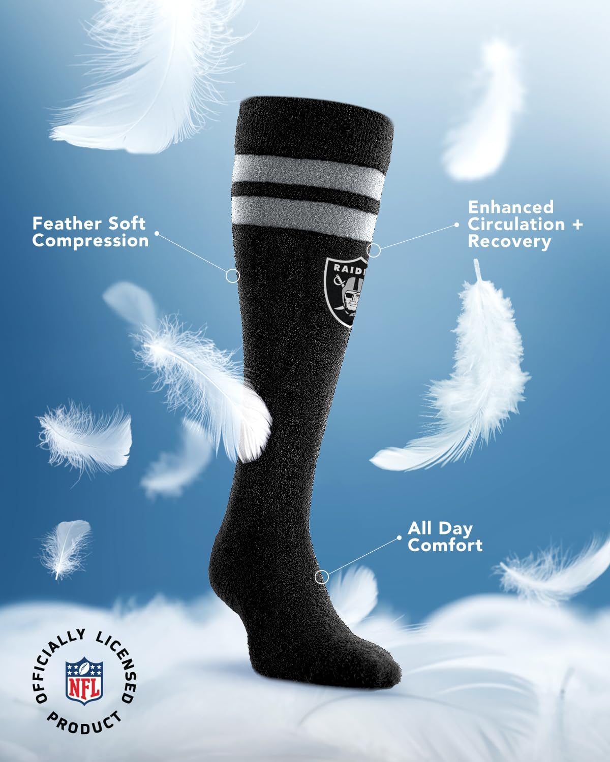 Detalle de For Bare Feet NFL Las Vegas Raiders Cozy Feather Compression Varsity Stripe Socks (Large/Extra Large)