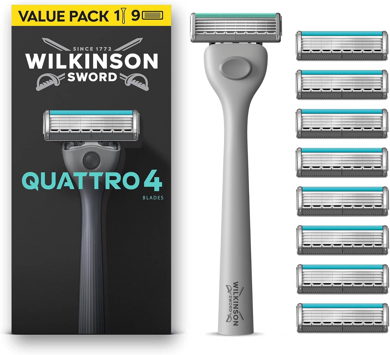 Detalle de Wilkinson Sword Quattro – Rasoirs pour homme, pack économique avec 9 recharges et 4 lames au revêtement diamant