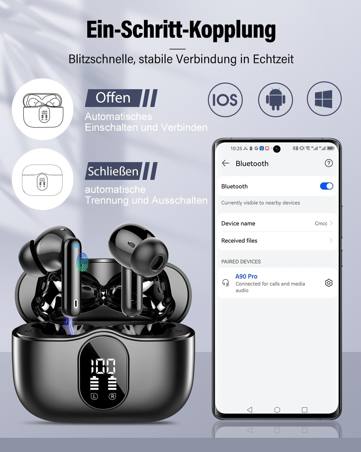 Thumbnail 5 de Btootos Bluetooth Kopfhörer mit App-Steuerung, 14,2 mm Treiber, IP7, 40 h Ladecase – In Ear, Schwarz