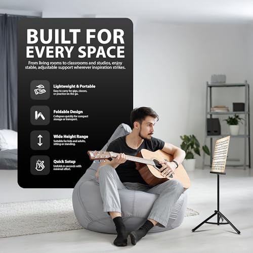 Detalle de ZENO Music Stand: Foldable, Adjustable Sheet Music Stand with Clip Holder and Carry Bag