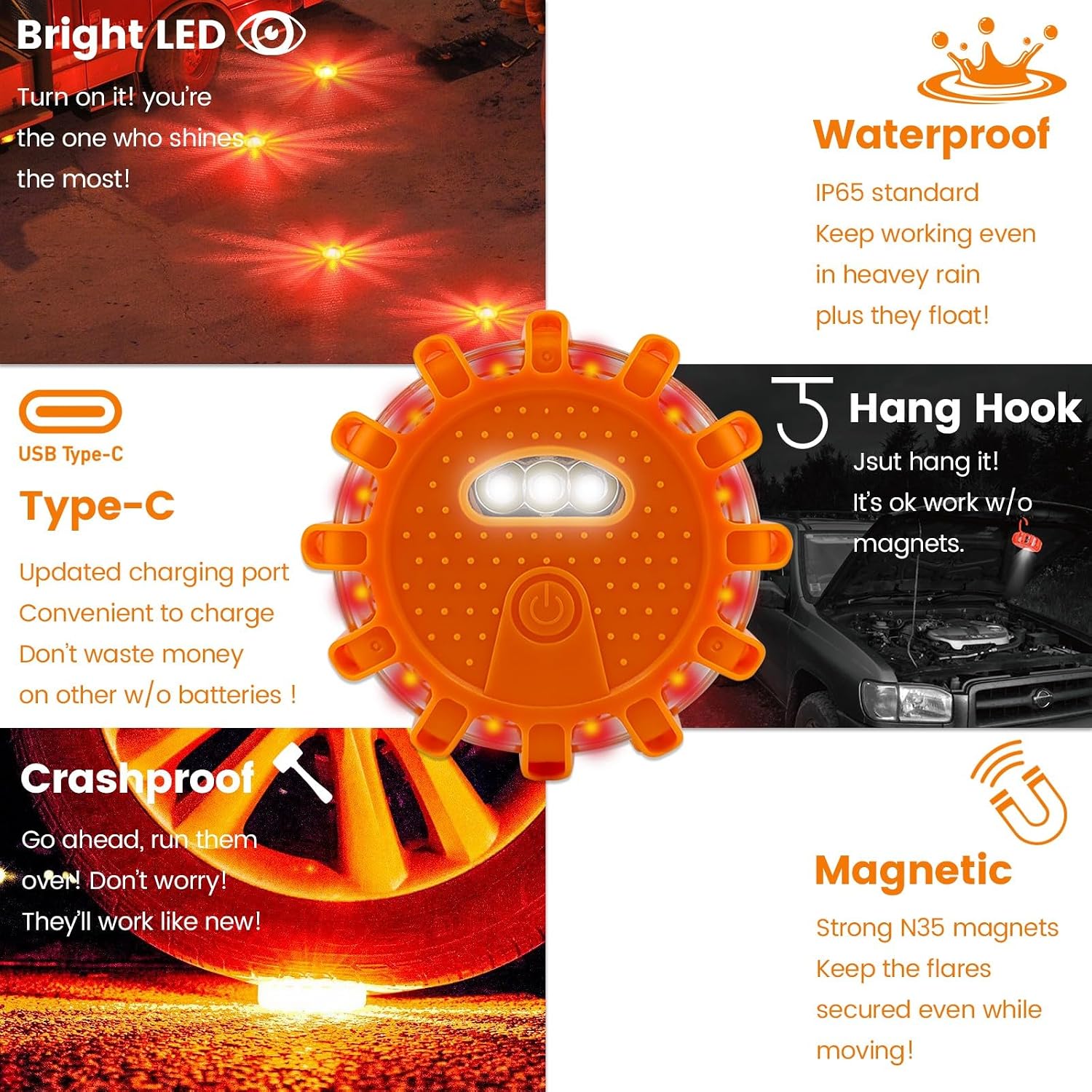 Detalle de Ecoangel USB-C Rechargeable LED Road Flares 3-in-1 Emergency Safety Beacon