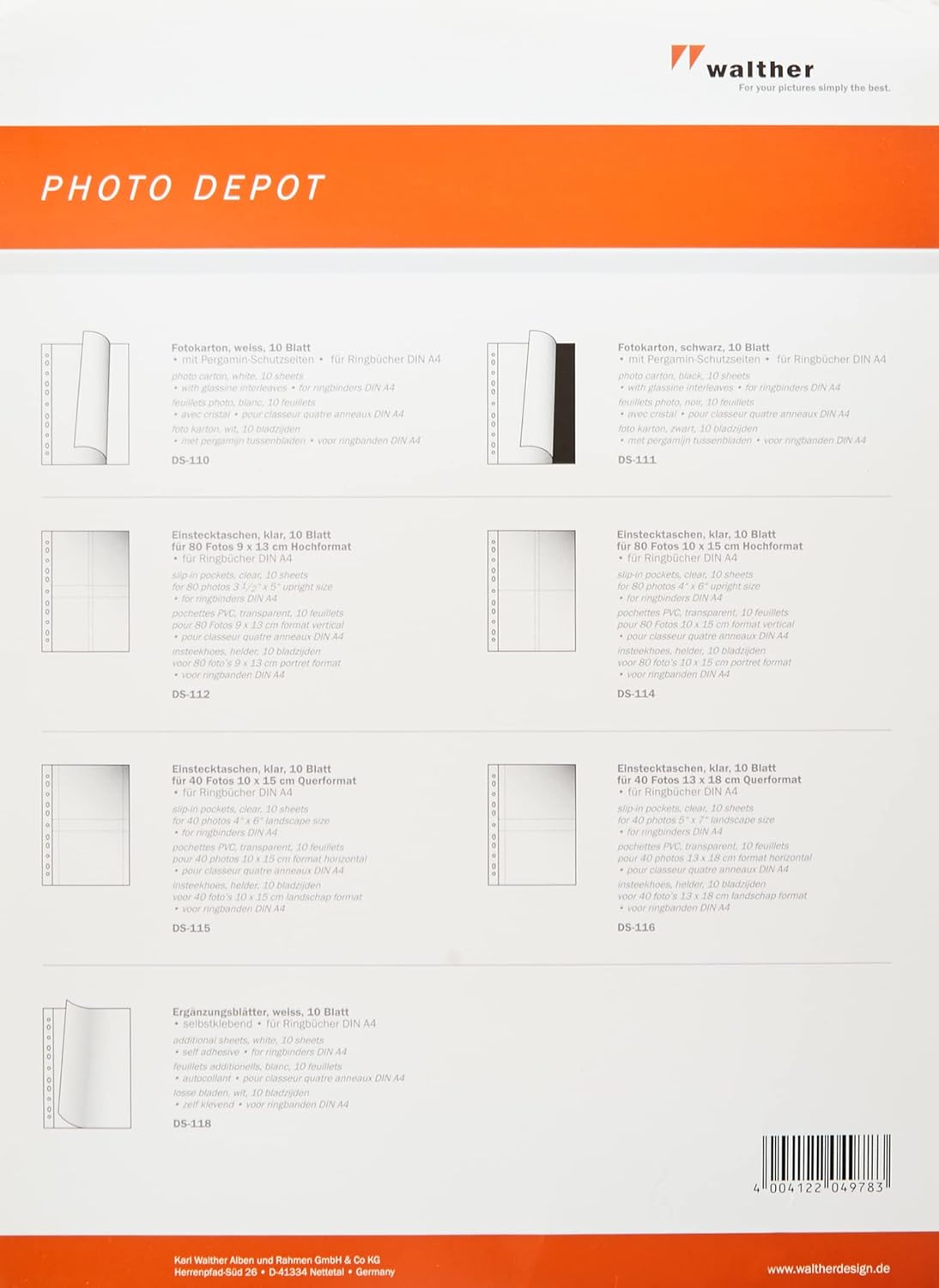 Thumbnail 1 de Walther Design DS-118 – 10 feuilles supplémentaires autocollantes blanc pour carnet à anneaux (23,5 x 31,5 cm)