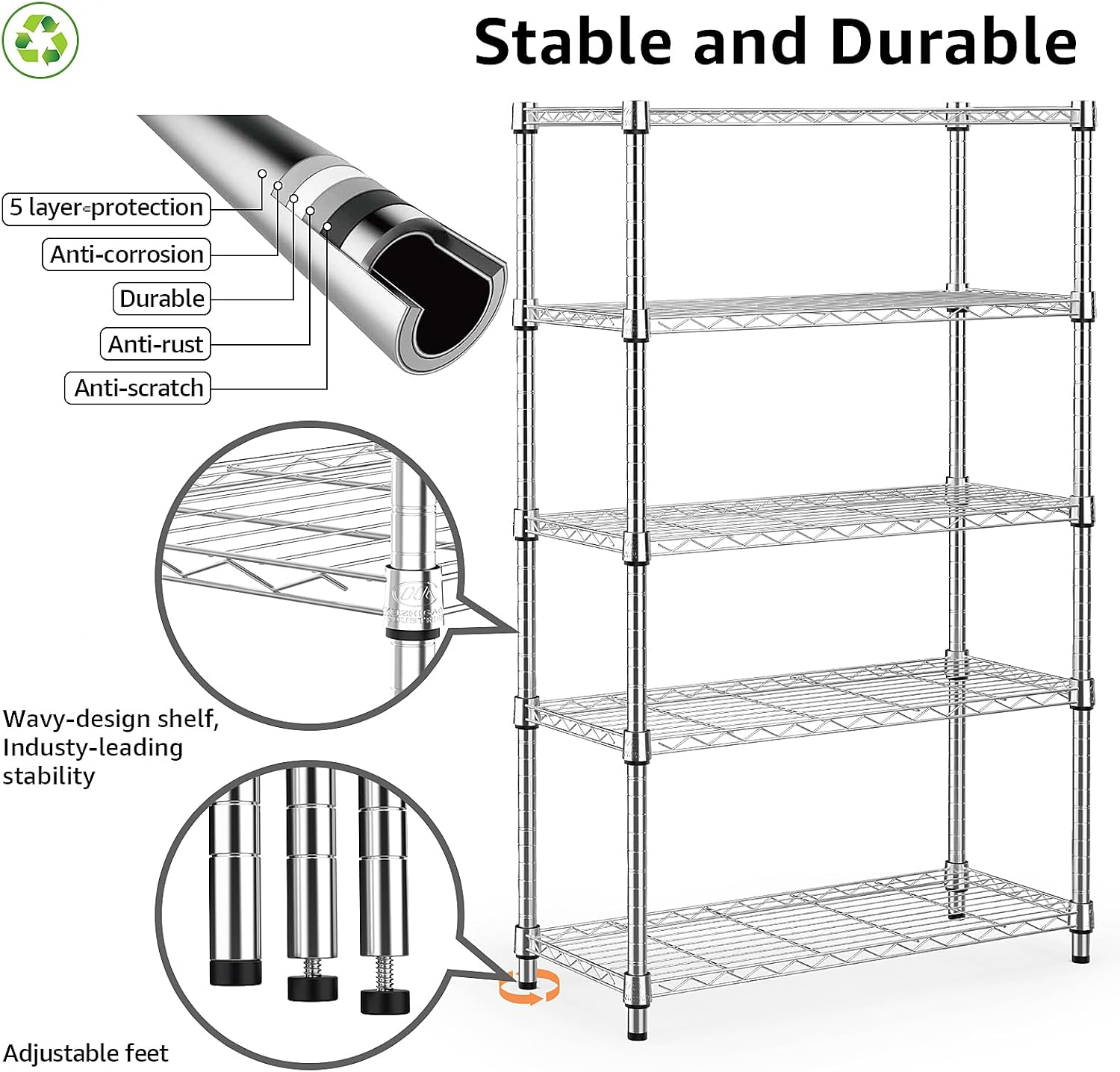 Detalle de M MZG E3560160OH501LB-AUU 5-Tier Steel Shelving Unit, Chrome, Adjustable
