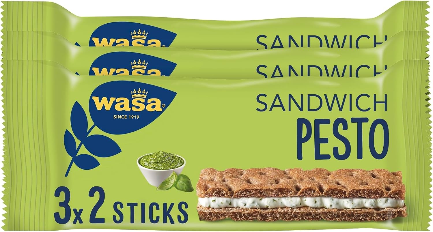 Wasa Knäckebrot Sandwich Pesto – 3x37g (111g) Packung mit Käse und Basilikum-Pesto