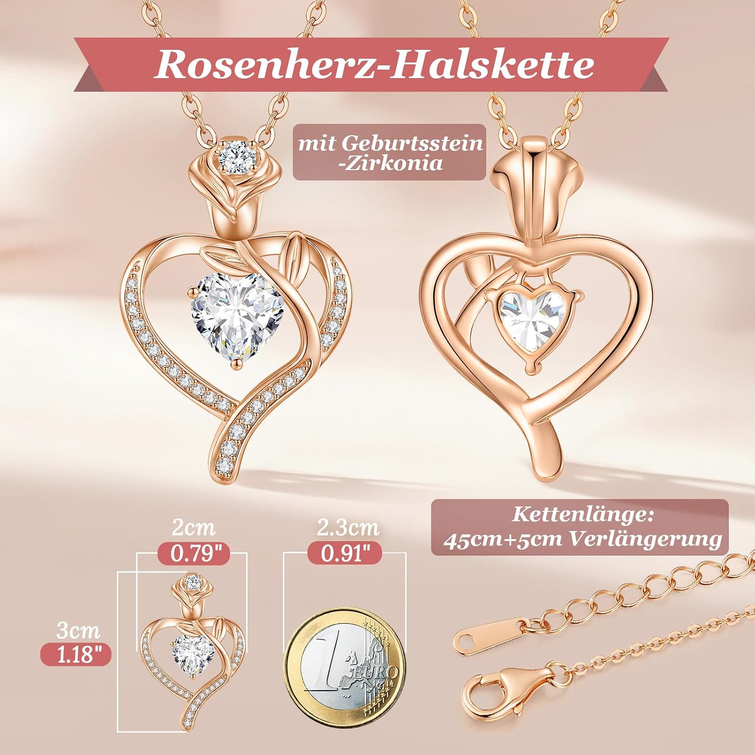 Thumbnail 3 de Collana Donna Cuore con Pietra Natale in Oro Rosa placcato - Pendente Cuore con Pietra 5A e Catena 45+5 cm