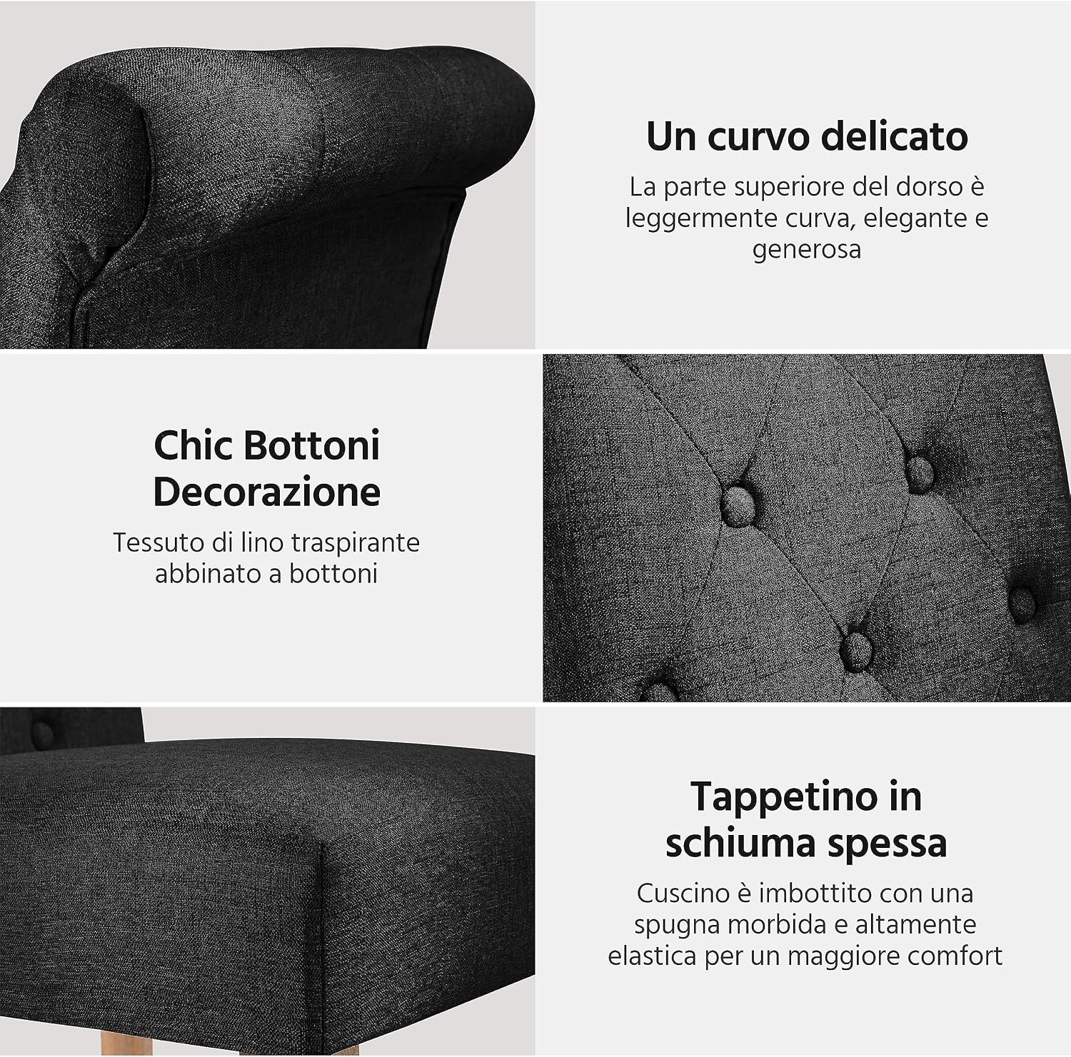 Thumbnail 3 de Yaheetech Set 4 Sedie Imbottite per Sala da Pranzo in Tessuto Nero con Piedi in Legno Massello