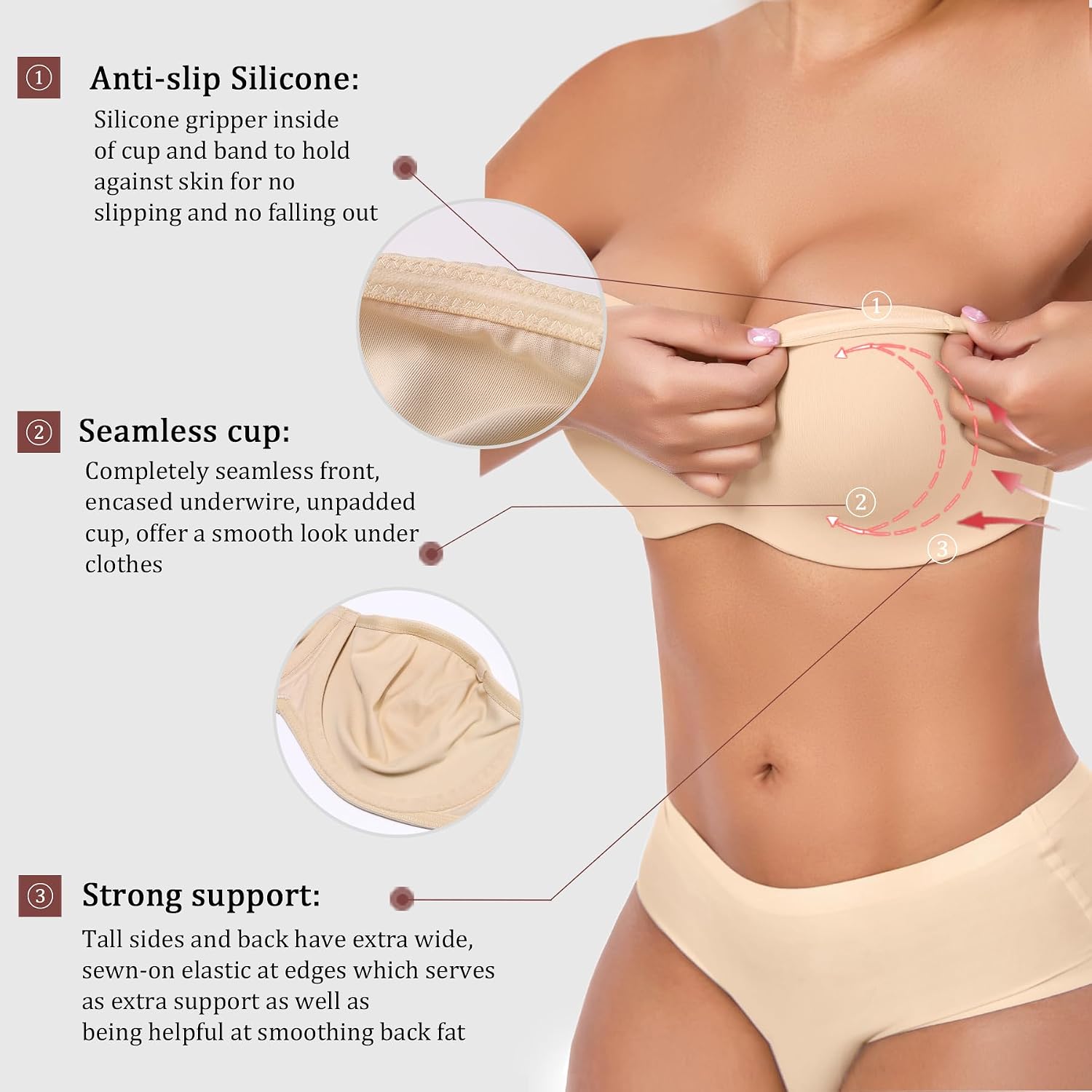 Detalle 2 de DotVol Damen BH Große Größen Bügel Ungepolstert Bandeau Multiway – strapless und mit abnehmbaren Trägern