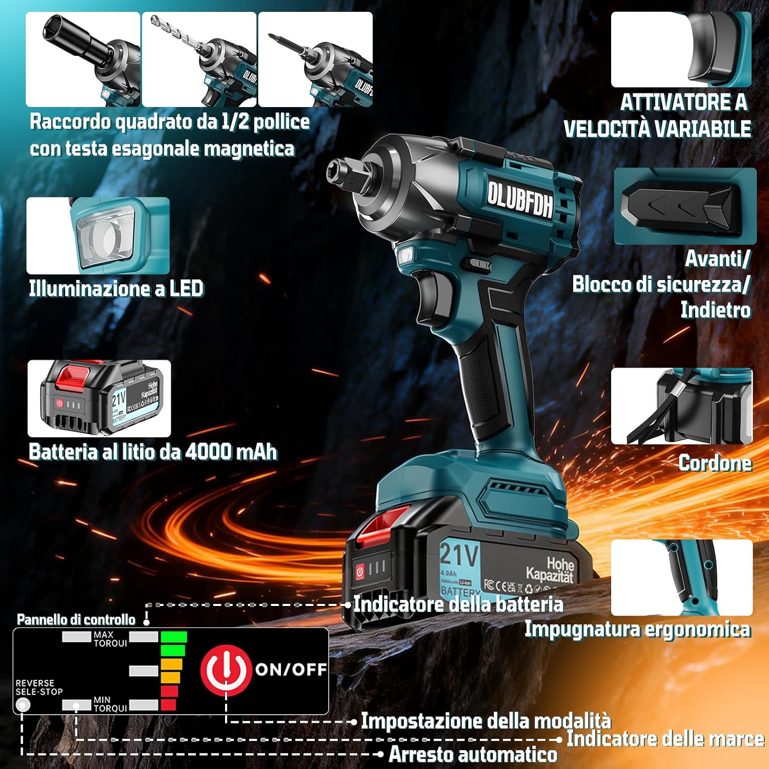 Detalle de Olubfdh Avvitatore a Impulsi Brushless 21V, 500 Nm, 3-in-1 con Batteria 4,0 Ah e Caricabatterie