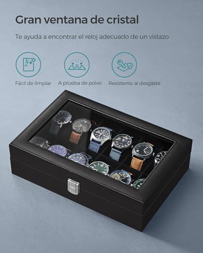 Detalle de SONGMICS JWB12B: Caja de relojes con 12 compartimentos, tapa de cristal y cojines extraíbles