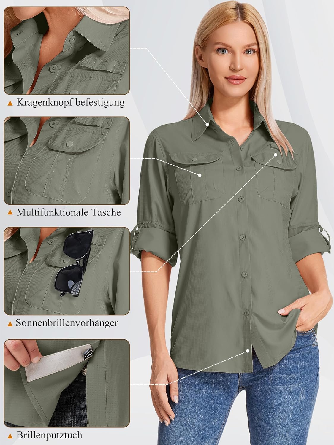 Detalle 2 de Jogwits Camicia da Safari a Maniche Lunghe da Donna – tessuto traspirante, rapido asciugaggio e UPF50+