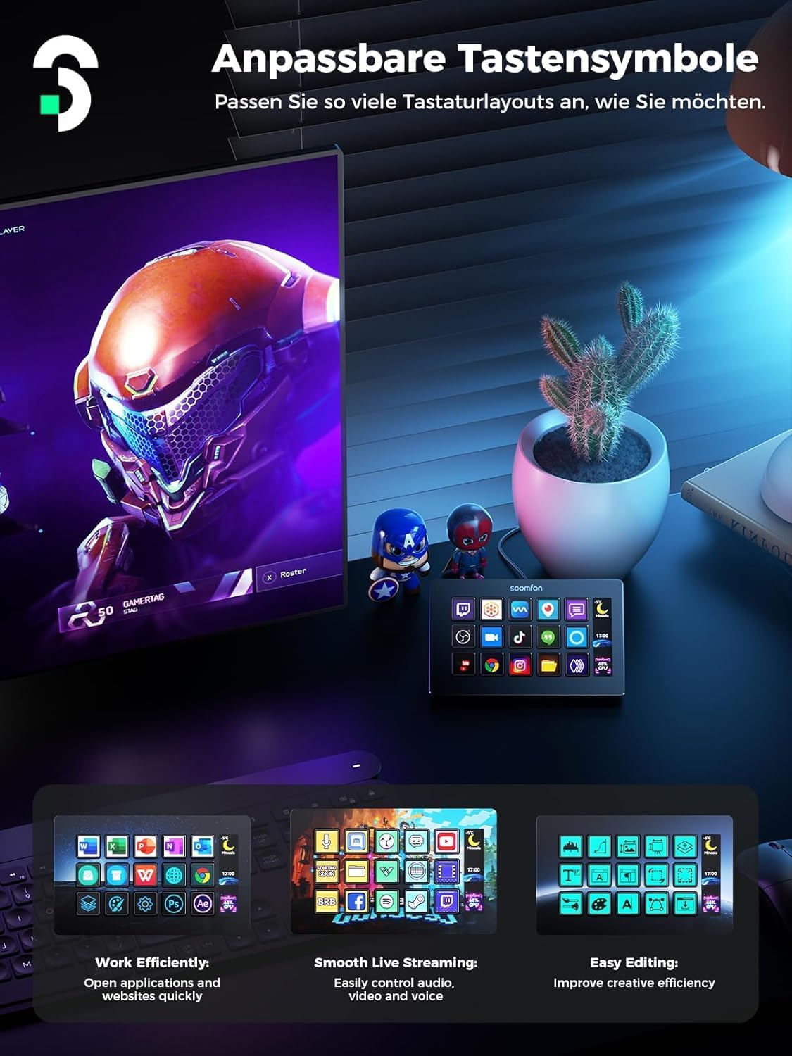 Thumbnail 6 de SOOMFON Stream Controller Deck mit 15 LCD-Makrotasten – kompatibel mit OBS, Twitch, Streamlabs, Discord
