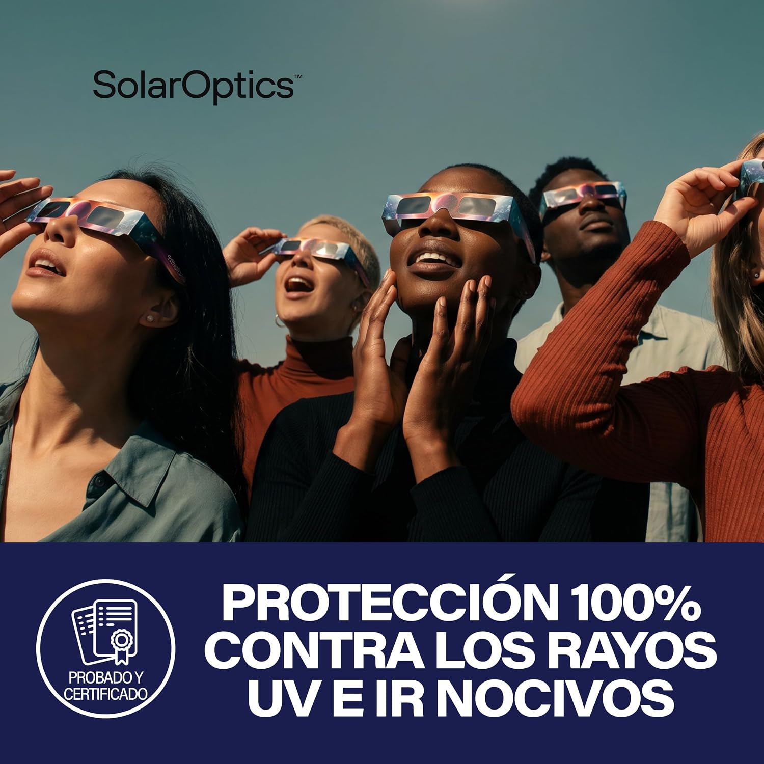 Detalle 2 de Solar Optics: 5 Gafas Eclipse Solar con 2 Filtros para Móvil – Kit Completo para Ver y Fotografiar el Eclipse 2026