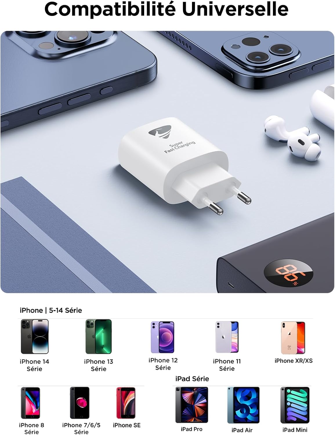 Detalle 2 de Caricatore USB-C 20W con cavo Lightning da 2 m – Yosou, ricarica rapida per iPhone e dispositivi