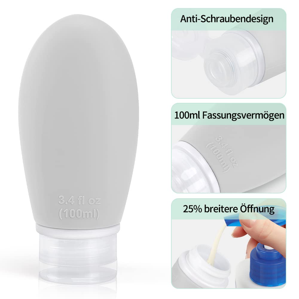 Detalle de Opret 100 ml Silikon Reiseflaschen Set, 3 Stück – Auslaufsicher, BPA-frei, TSA-geprüft