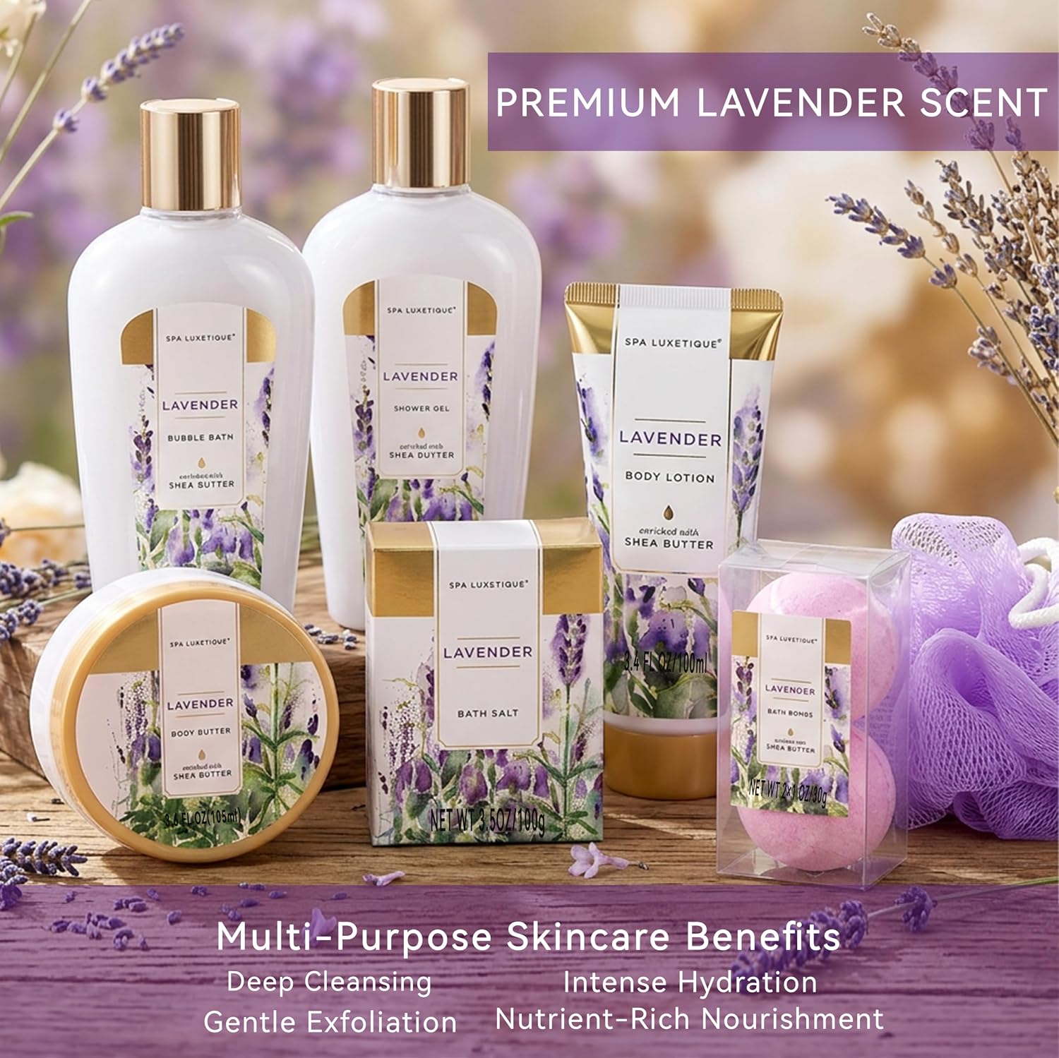 Detalle de spa luxetique SPA Lavender Bath Gift Set, 8 Pieces with Bath Bombs