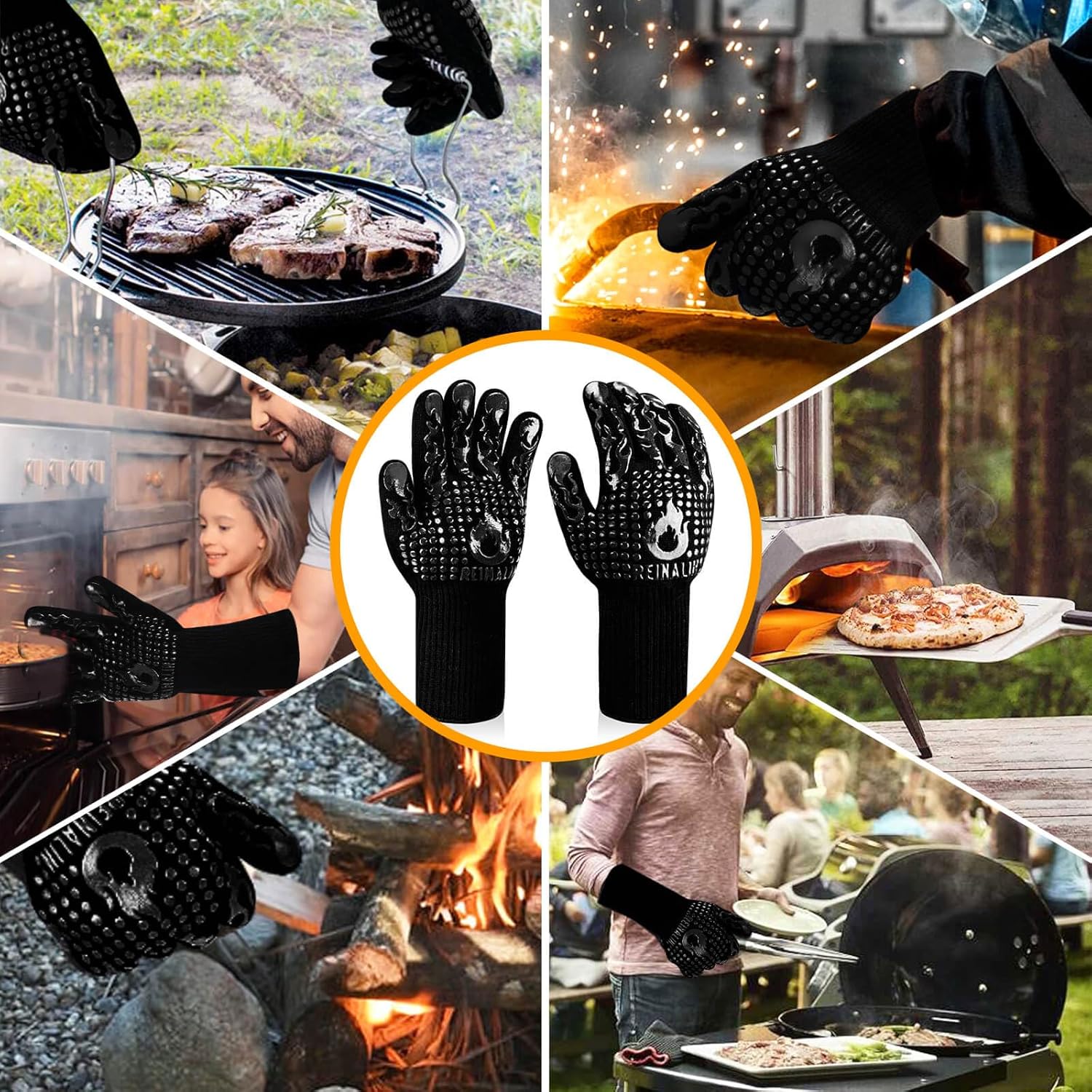 Thumbnail 6 de Reinalin Grillhandschuhe hitzebeständig bis 800°C – Ofen-, Topf- und BBQ-Handschuhe (L/XL/XXL, Schwarz)
