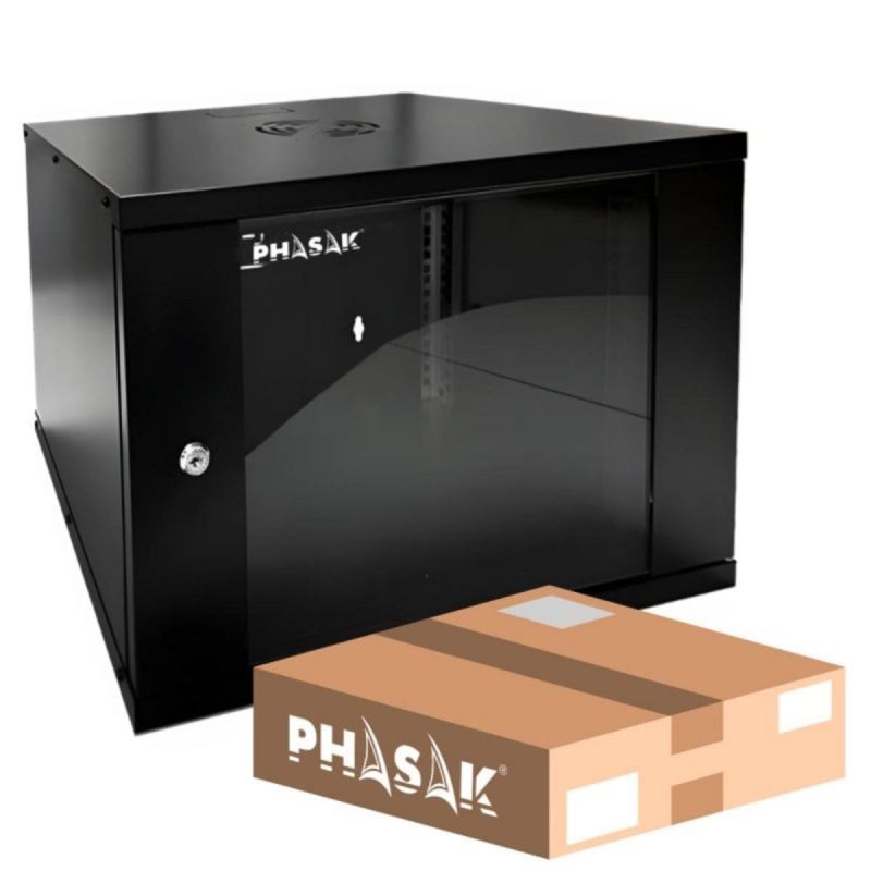 Detalle de Armario rack mural Phasak PHO 2007D 7U negro con cristal templado y capacidad 80 kg
