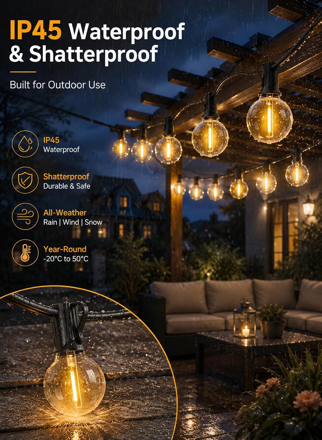 Detalle 2 de Yuucio 60M Catena Luminosa Esterno IP45: luci a LED per giardino e feste, 66 m opzionali