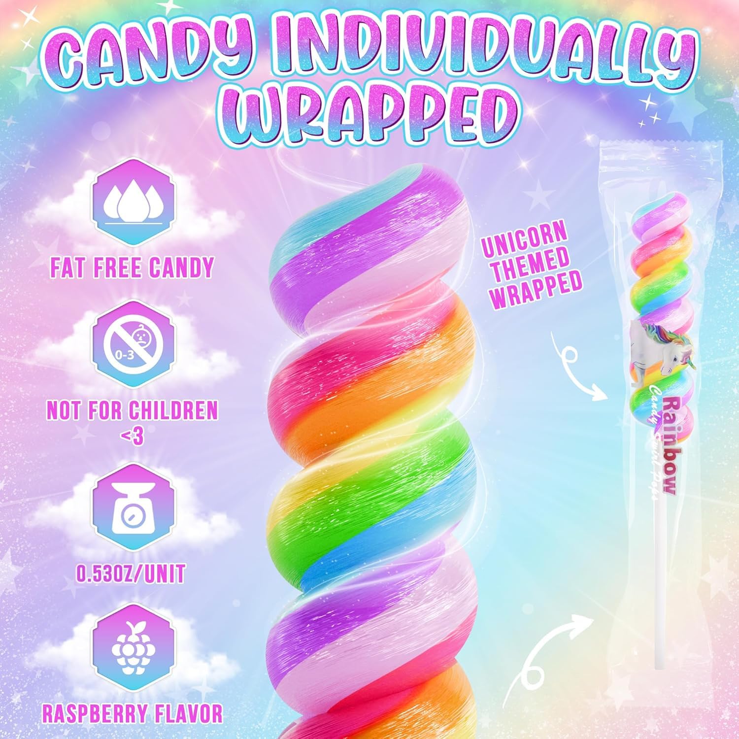 Detalle de Primary Colors Candy SWIRL-R-001 Unicorn Lollipops, Individually Wrapped 20-Pack