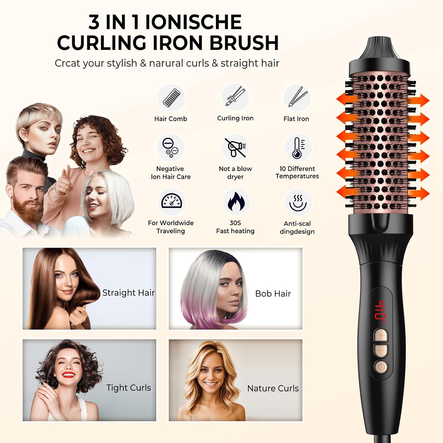 Detalle 2 de UKLISS Thermobürste 38 mm – Pro Ionische Thermo Rundbürste mit LCD, 100–240V Doppelspannung, Roségold