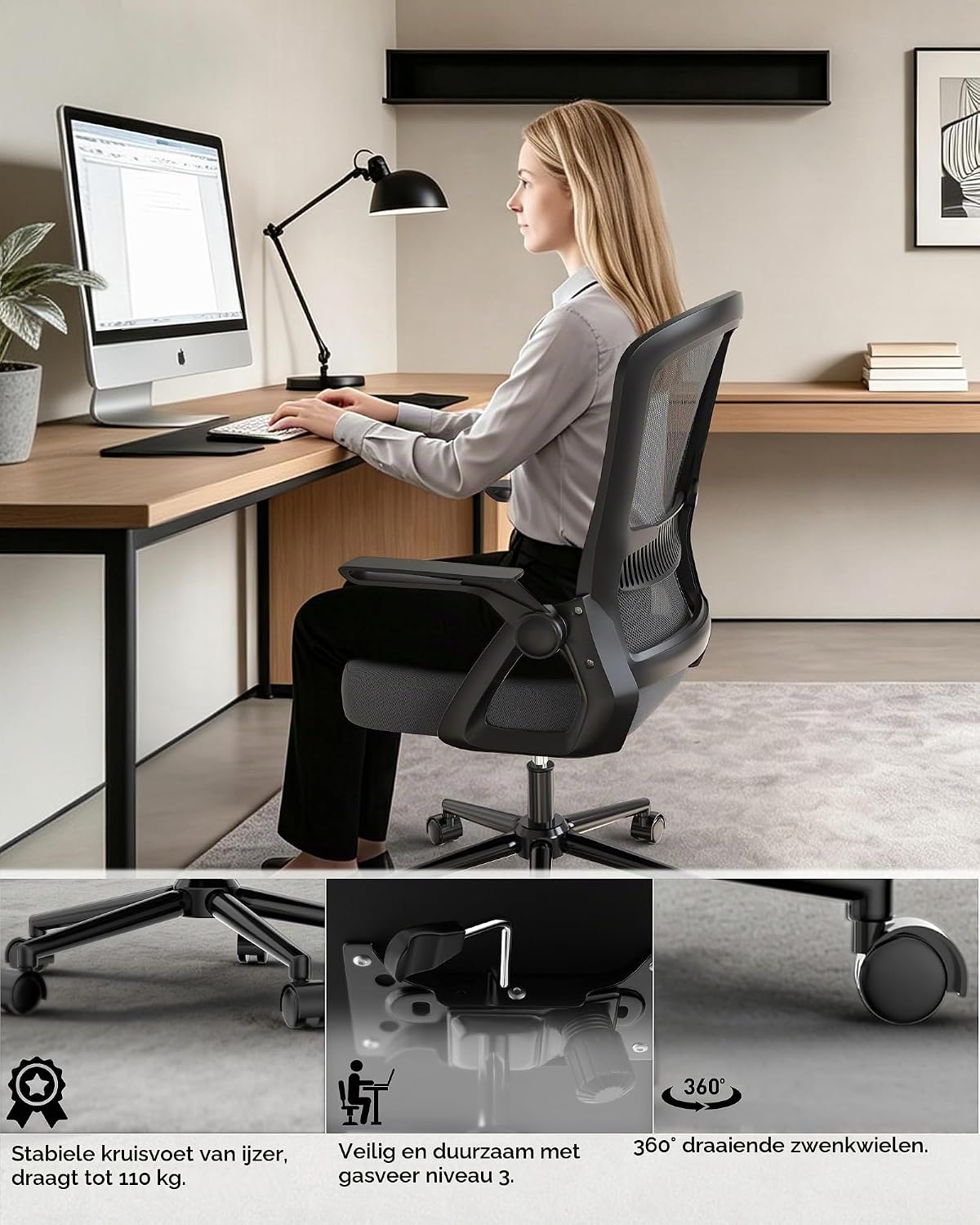 Detalle 2 de naspaluro M ergonomische bureaustoel met mesh, lendensteun en opklapbare armleuningen