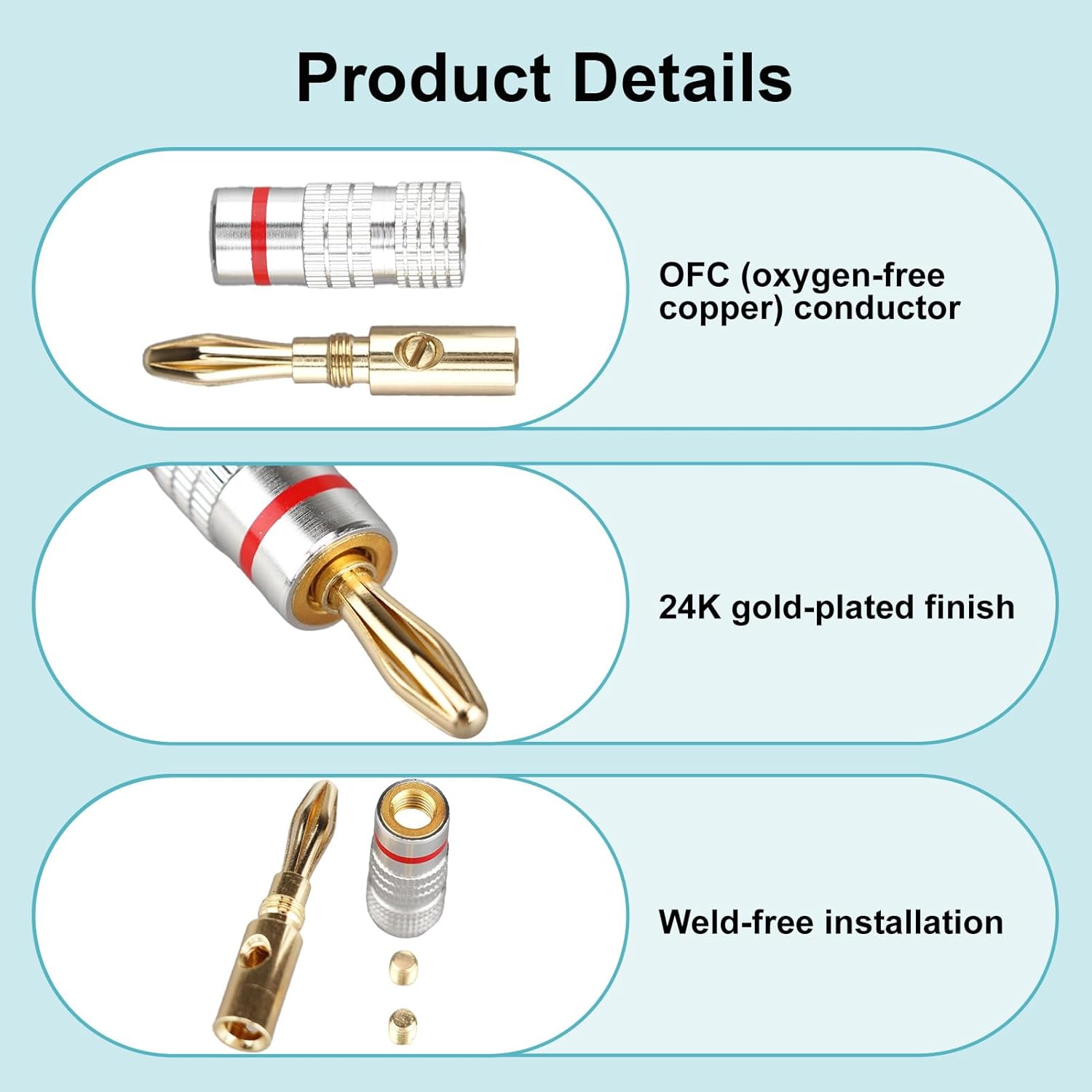 Thumbnail 2 de 4mm Banana Plugs (12 pcs) – 24k Gold Plated Speaker Wire Connectors, Screw-Lock Dual-Screw Type