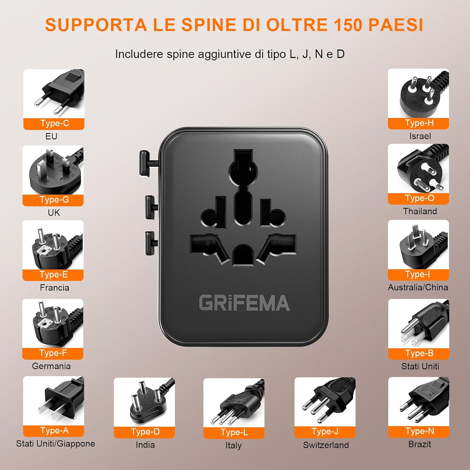 Thumbnail 5 de GRIFEMA Adattatore universale da viaggio 6 in 1: 2 USB-C, 2 USB-A e 2 prese AC per viaggiare in sicurezza