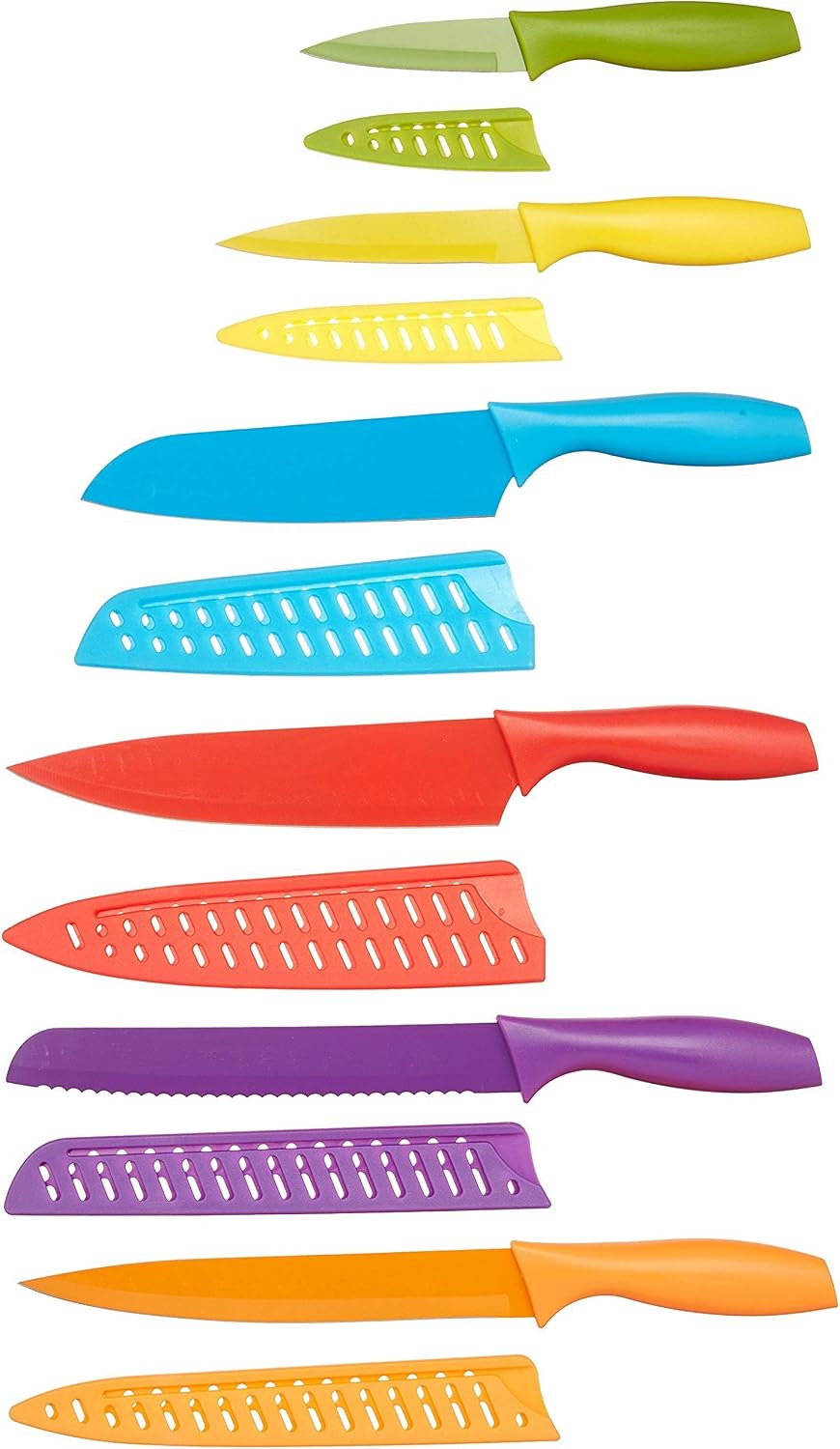 Detalle de Amazon Basics Messer-Set, bunt, 12-teilig – vielseitiges Küchen-Set mit Farbcodierung